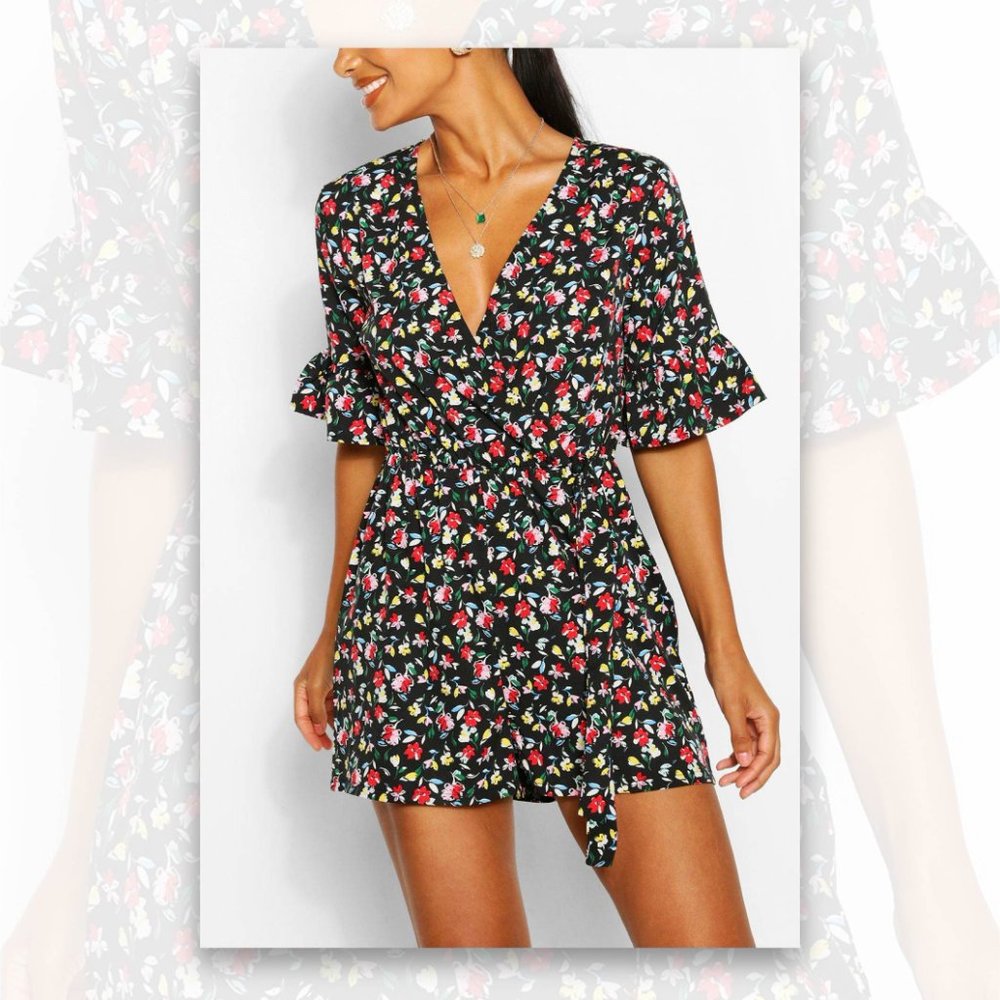 Black Boohoo Ditsy Floral Belted Ruffle Romper - Size 6 (UK Size 10)